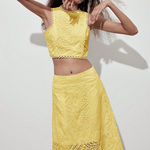 Yellow Boho Women's Floral Hollow Out Full Embroidery  Crop Top - Picture 7 of 10